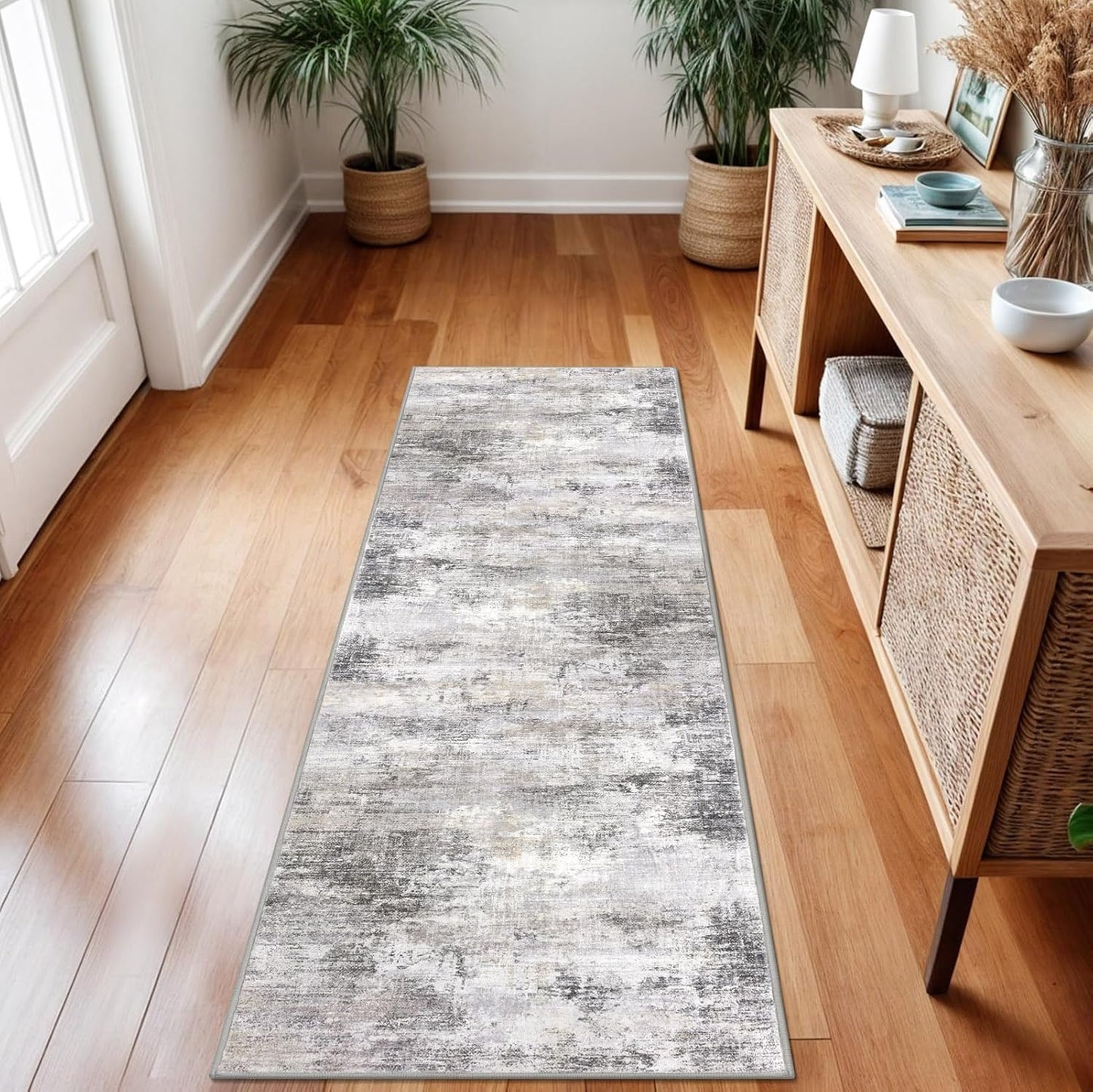 IOHOUZE Abstract Runner Rug 2x7 Ft Washable Runners for Hallways, Non Slip Kitchen Runner Printed Faux Wool Entryway Runners Indoor, Modern Abstract Floor Carpet for Hall Kitchen Bedroom, Grey Beige