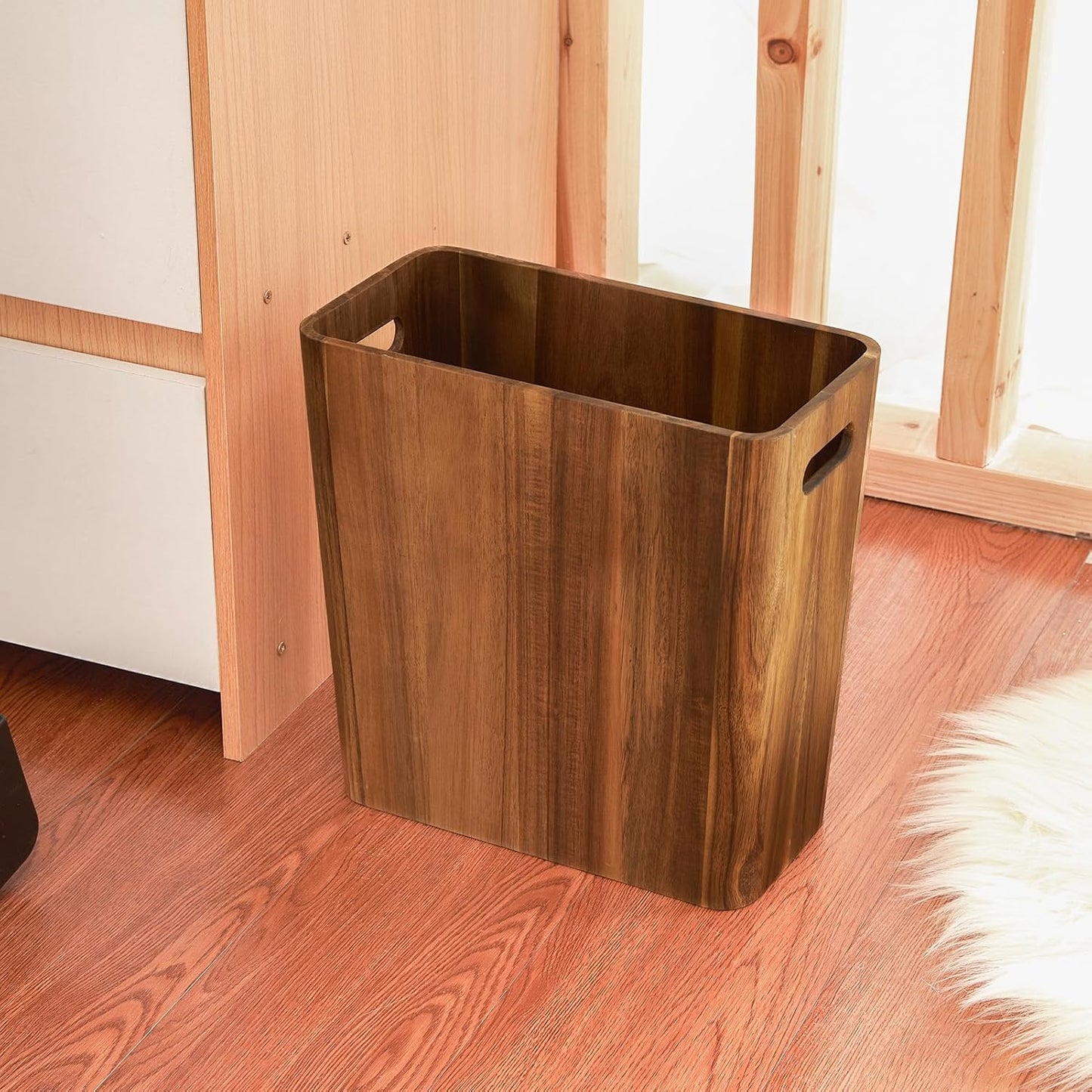 3 Gallons Wooden Wastebaskets, Solid Acacia Wood Waste Basket with Handles, Rectangular Trash Can, Garbage Bin for Bedroom, Bathroom, Kitchen, Living Room, Office Decorative
