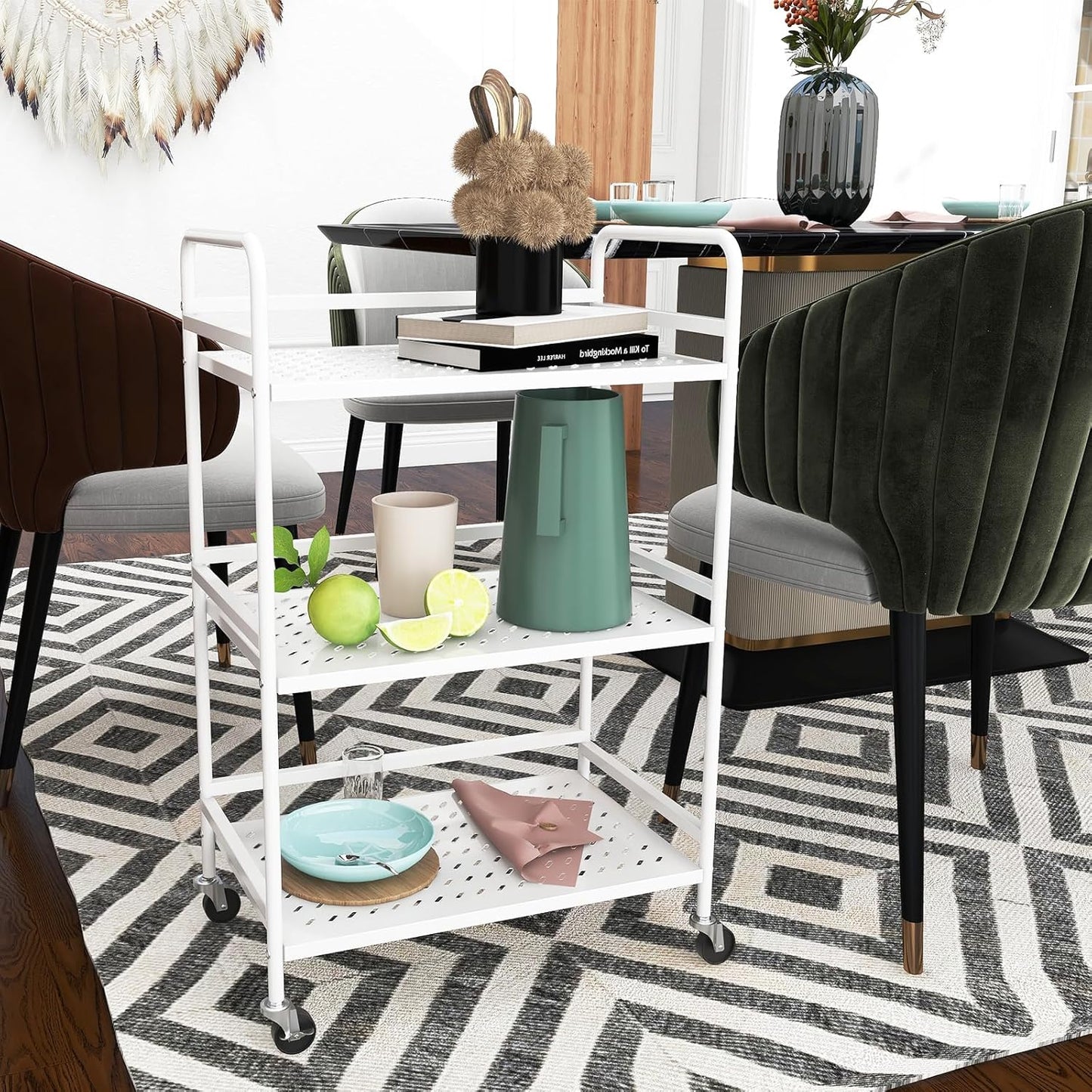 HDANI 3 Tier Rolling Cart,Heavy Duty Multifunctional Metal Frame-Supports 22 Lbs Per Tier,Rolling Cart with 2 Lockable Wheels for Office,Home,Bedroom,Kitchen,Bathroom (White)…