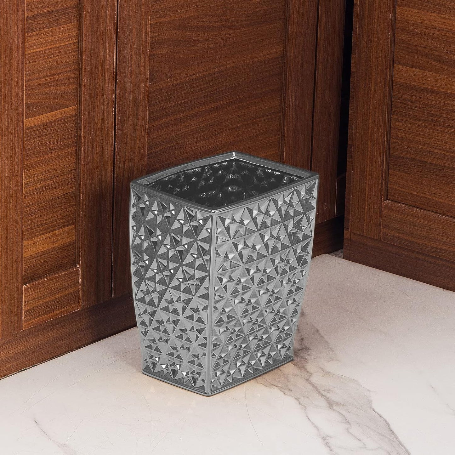 Ceramic Rectangular Small Trash Can - Wastebasket, Garbage Container Bin for Bathroom, Bedroom, Kitchen, Home Office, and Kids Room, Holds Waste, Recycling - Silver