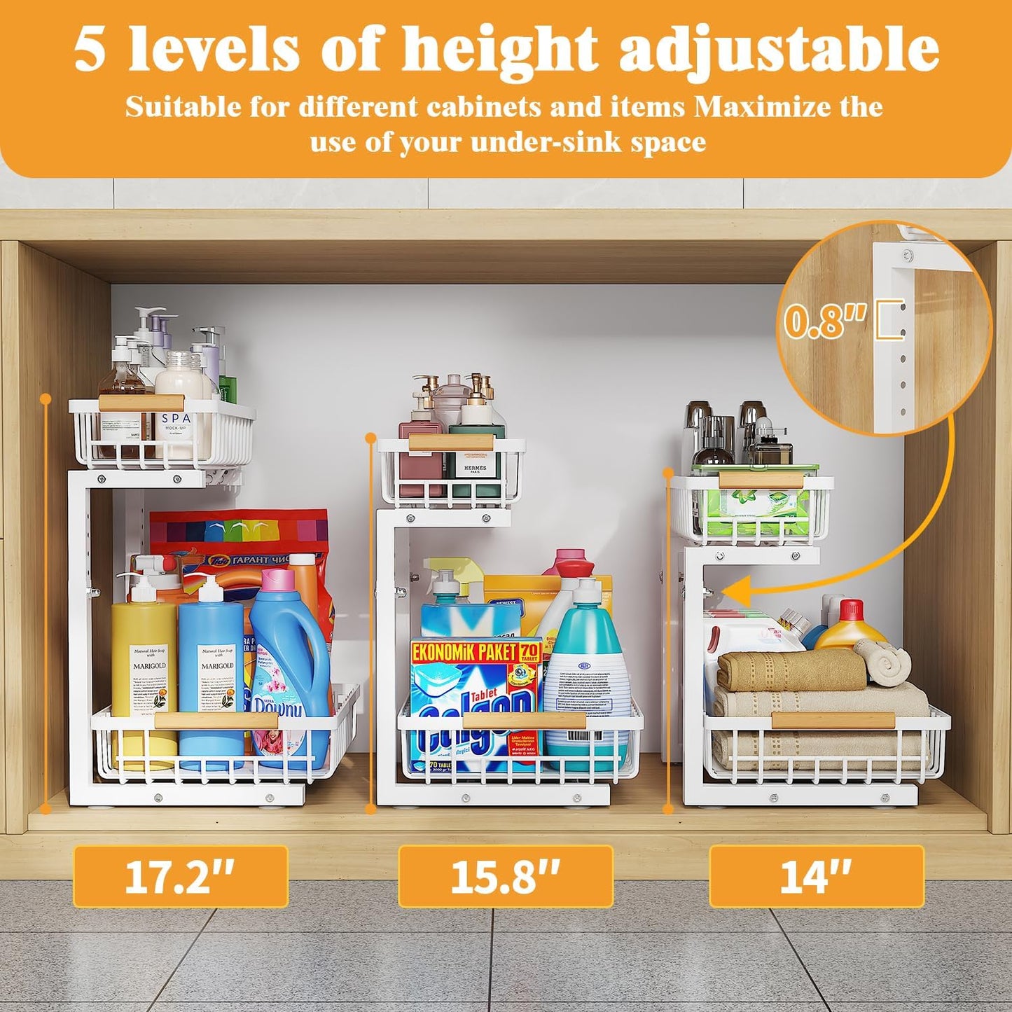 2-Tier Slide Out Under Sink Organizer – 2-Tier Pull-Out Storage Rack, Bathroom organizers and storage for Kitchen and Bathroom, Space-Saving Cabinet Organizer, Rustproof,（White)(2 Pack)