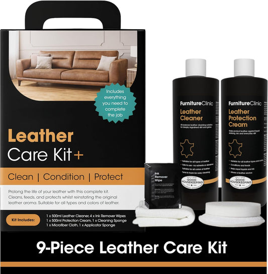 Furniture Clinic Large Leather Care Kit | Leather Cleaner + Conditioning Protection Cream for Furniture | Two 17oz Bottles + 1 Sponge & 1 Cloth | Restore Leather Couches, Car Seats, Jackets, & Boots