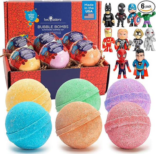 Superhero Bath Bombs for Kids with Surprise Toys Inside (6 Pack) - Large Bubble Bomb Fizzies for Boys, Girls, & Toddlers - Fruity Scents, Relaxing Aromas, Made in USA, Birthday Gift by Two Sisters