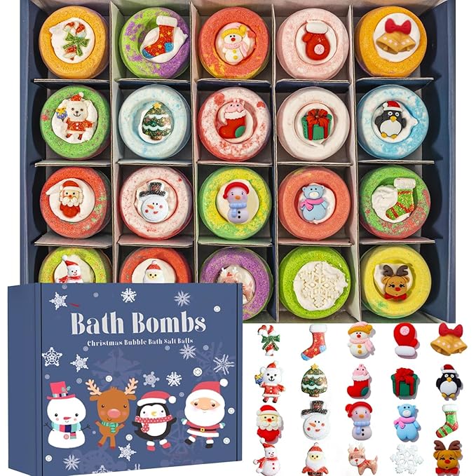 20 Pack Christmas Bubble Bath Bombs，Bath Bombs for Kidswith Christmas Squishy Surprise Inside Kids Girls Boys Women Christmas Stocking Stuffers Gifts