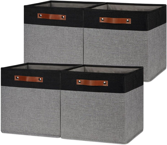 HNZIGE Storage Baskets for Organizing, Set of 4, Square Fabric Storage Cubes Bins 13 x 13, Collapsible Black Storage Bins for Shelves, Closets, Nursery, Home, Office (Black&Grey)