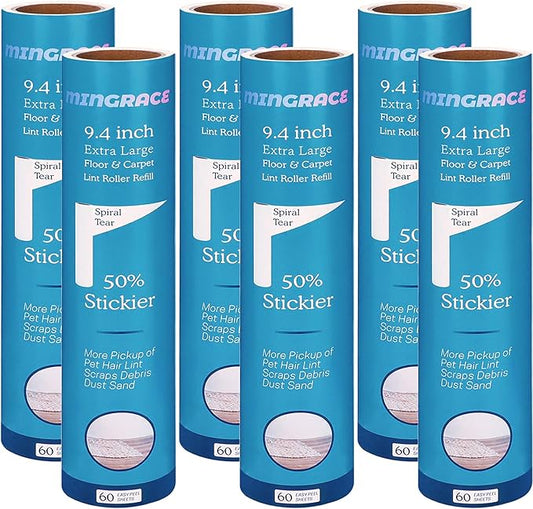 9.4 inch Extra Large Lint Roller Refills Compatible with PetLovers Extra-Wide 9.4 inch Giant Floor Lint Roller, 50% Stickier, Pack of 6 Refills, 60 Sheets per Refill, 360 Sheets Total