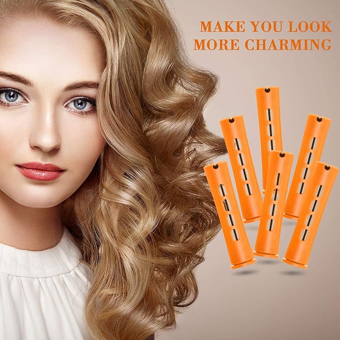 24 Pieces Hair Perm Rods Plastic Cold Wave Perming Curlers Hair Rollers with Steel Pintail Comb Rat Tail Comb Tools for Hairdressing Styling(Orange,0.87inches)