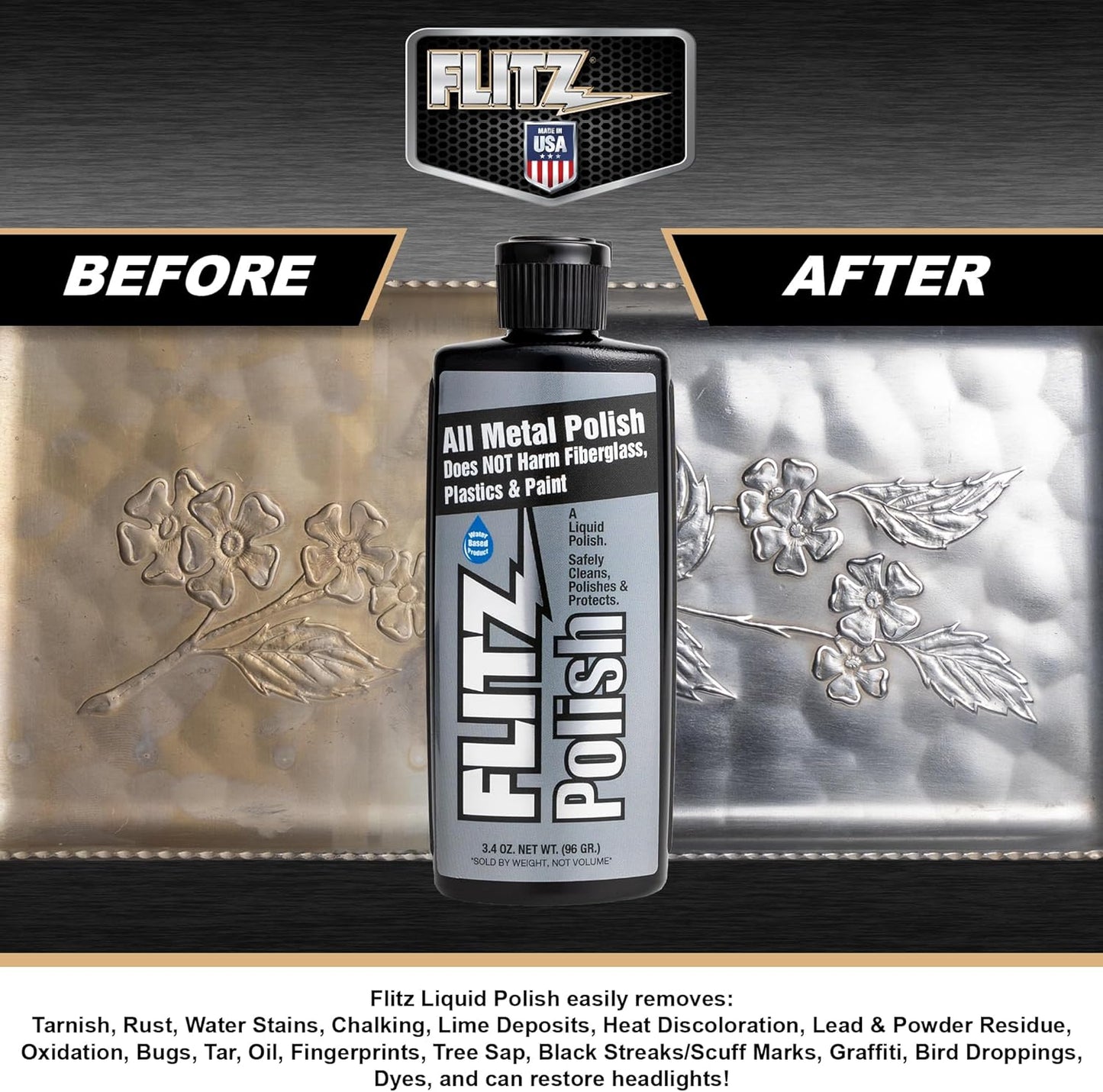 Flitz Multi Purpose Metal Polish Liquid - 3.4oz Bottle of USA-Made Tarnish Remover - For Aluminum, Chrome, Brass, Nickel, Silver - Non-Abrasive Metal Cleaner and Polish, Restorer (1 Pack)