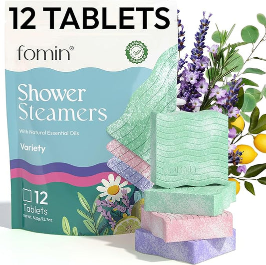 FOMIN Aromatherapy Shower Steamers - 12 Count - Variety Pack Bath Bombs with Essential Oils for Stress Relief & Relaxation - Self Care, Spa Gifts for Women and Men - Shower Aroma for Body Wellness