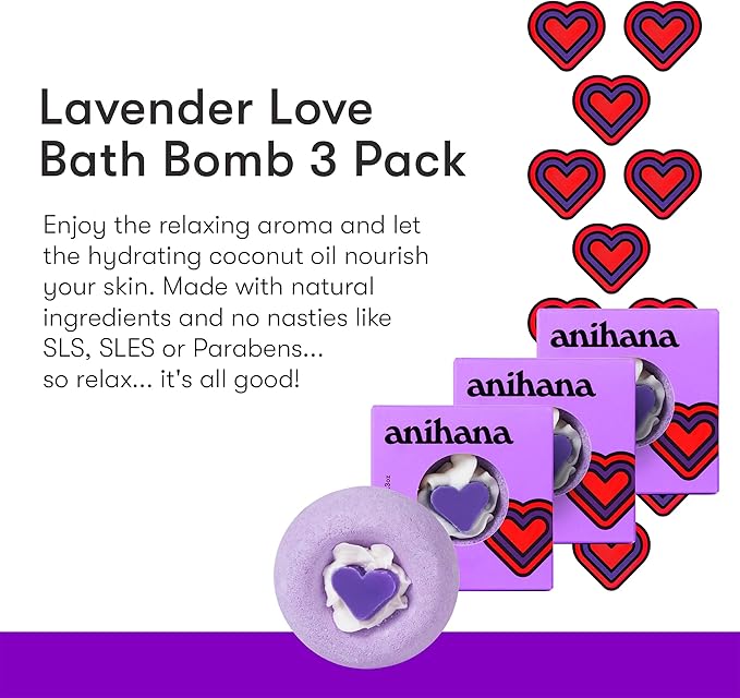 ANIHANA Bath Bombs with Coconut Oil, Paraben Free, Hand-Crafted Luxury Fizzers, Refreshing Lavender Love Scent, 6.3 oz Each, 3 Pack