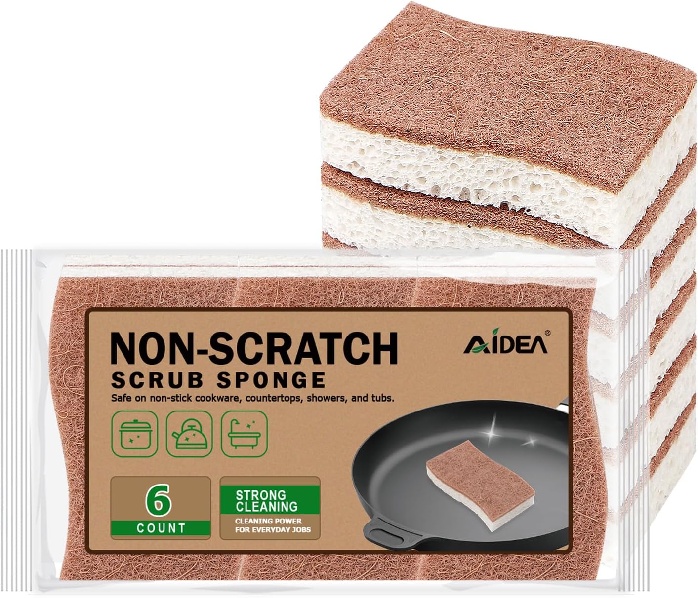 AIDEA Sponges Non Scratch, 6Count, Natural Sponge for Non Stick Cookware, Sponges Kitchen, Cellulose Scrub Sponge for Dishes, Cleaning Power for Kitchen, Bathroom, Household