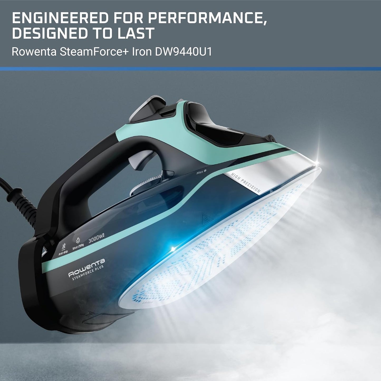 Rowenta Steam Force Stainless Steel Soleplate Steam Iron for Clothes, 400 Microsteam Holes, 1800 Watts, Ironing, Fabric Steamer, Garment Steamer, Digital Display, Precision Tip, DW9440