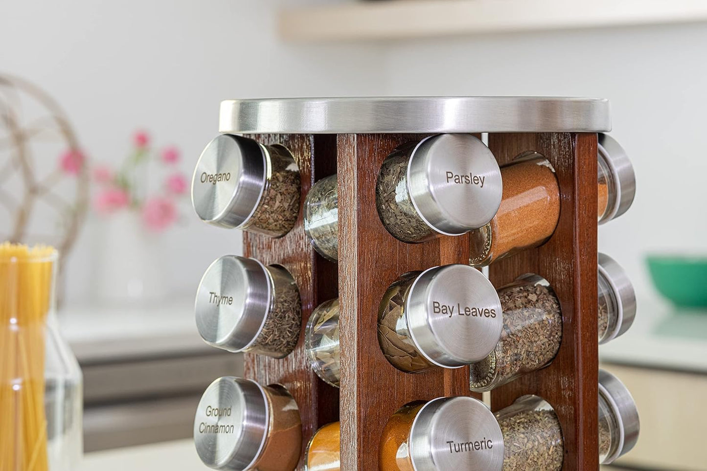Orii 20 Jar Dark Acacia Wood Spice Rack with Spices Included - Rotating Tower Organizer for Kitchen Spices and Seasonings, (Dark Stained Acacia Wood)