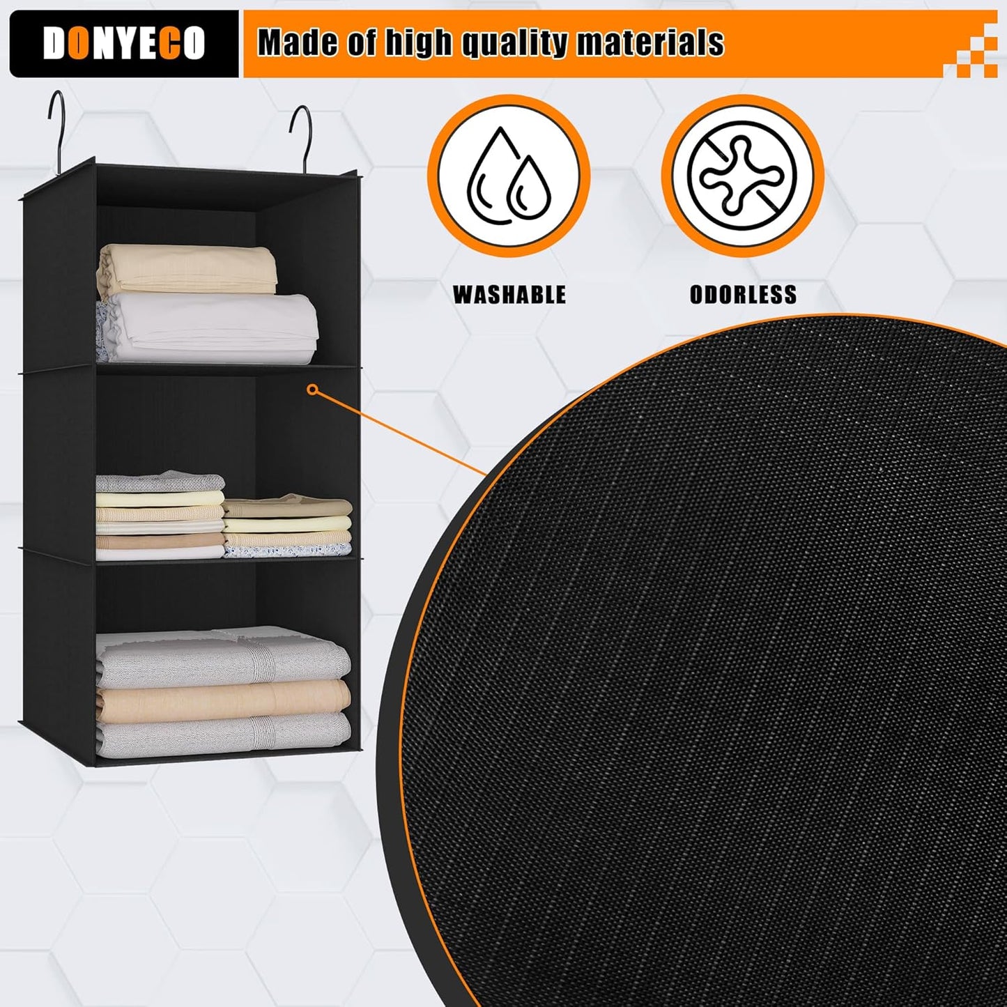 Hanging Closet Organizer - 3-Shelf, Easy Mount Foldable Wardrobe Storage Shelves for Clothes, Handbags, Shoes & Accessories - Washable Oxford Cloth Fabric, Black