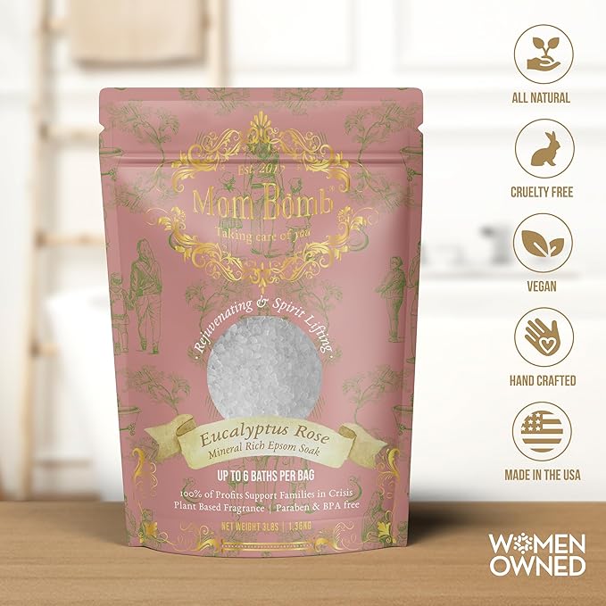 Mom Bomb Eucalyptus and Rose Epsom Salt Bath Soak – Natural Magnesium Salt with Essential Oils – Relaxing Aromatherapy for Stress Relief, Muscle & Foot Soak – Made in USA, 3 lbs