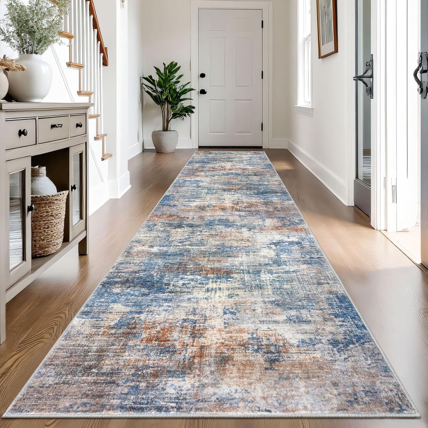 IOHOUZE Abstract Runner Rug 3x14 Ft Long Washable Runners for Hallways, Non Slip Kitchen Runner Printed Faux Wool Entryway Runner Indoor, Modern Abstract Floor Carpet for Hall Stair, Blue Rust