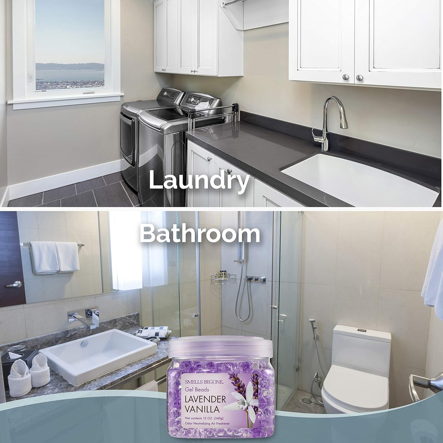 SMELLS BEGONE Odor Eliminator Gel Beads - Air Freshener - Eliminates Odor in Bathrooms, Cars, Boats, RVs & Pet Areas - Made with Essential Oils - Lavender Vanilla Scent - 12 Ounce