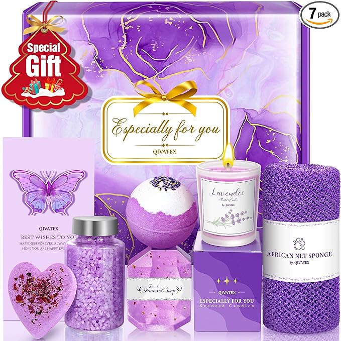 Bath Gift Set for Women, Christmas Stocking Stuffers for Women, Birthday White Elepant Gifts for Wife Her Sister Mom Auntie Grandma Friends, Relaxing Spa Self Care Lavender Bath Bombs Set﻿