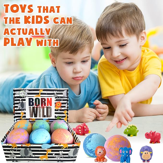 Bath Bombs for Kids with Toys Inside - Organic Bubble Bath Fizzies with Jungle Animal Toys. Gentle and Kids Friendly Spa Bath Balls, Bath Fizz Balls - Birthday Gifts for Toddlers, Boys, Girls