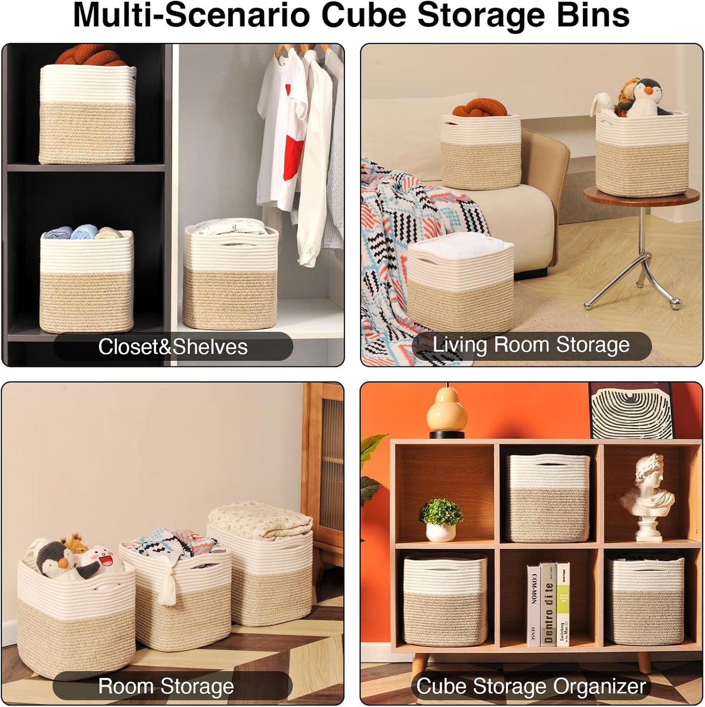 11 Inch Cube Storage Bins, Organizer Woven Cotton Rope Square Baskets for Organizing Shelves, Toys, Nursery, Off White & Brown (Pack of 3)