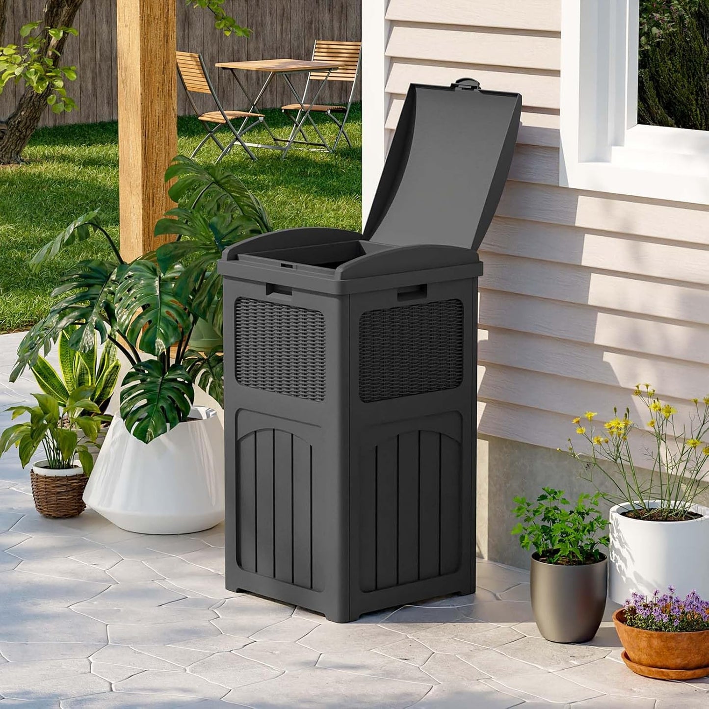 Patiowell 36 Gallon Outdoor Trash Can, Resin Outdoor Garbage Can with Lid for Patio, Backyard, Deck, Black