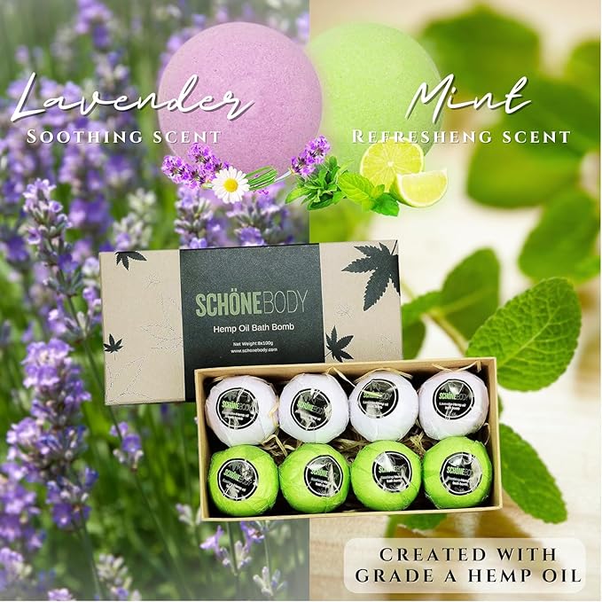 Hemp Bath Bombs, Large Set of 8. Mint, Lavender & Hemp Scents. Vegan, Muscle Therapy, Relaxing & Soothing