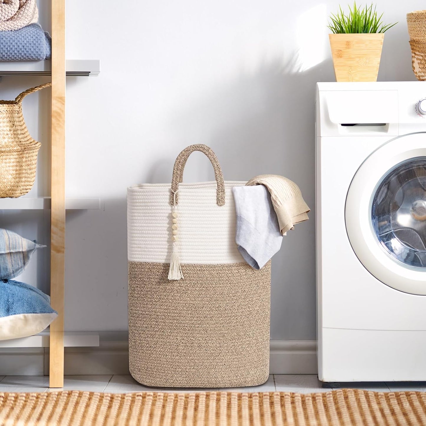 Woven Laundry Basket for Clothes, 80L Large Rectangle Laundry Hampers with Beads Tassel, Nursery Storage Basket for Toys, Tall Dirty Clothes Hamper for Bedroom Aesthetic, Laundry Room Organization