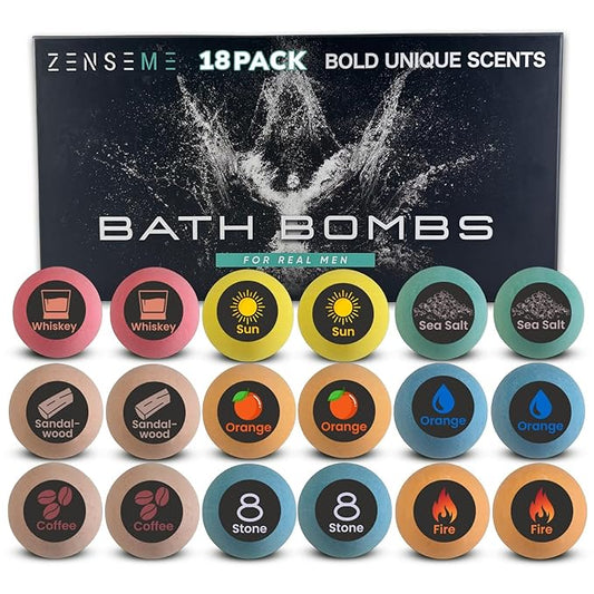 Bath Bombs for Men - Gift Set of 18 Strong Scented Handmade Natural Bath Bombs of 2.5 oz w/Essential Oils, Unique Manly Strong Scents, for Boyfriend, Husband, Father - 18 Pack