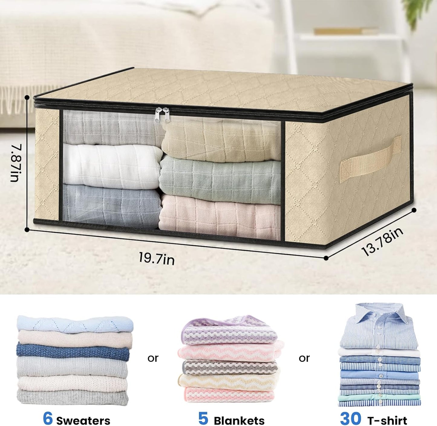 HomeHacks Storage 4-Pack Clothes Organizer Storage Bags Foldable Storage Box with Large Clear Window Sturdy Handles for Closet, Dorm, Pillows, Bedding, Clothes, Blankets, 35L, Beige