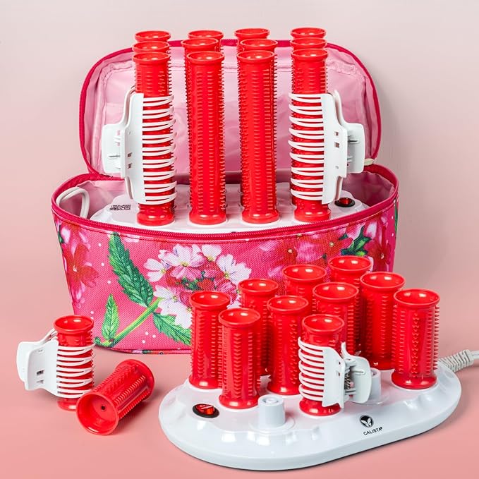 CALISTA Ion Hot Rollers for Short Hair | Hair Roller Clips Included | Heats to 230°F | Dual Voltage | Add Hands-Free Curls, Waves, and Volume (Pink Verbena, Short - 12)