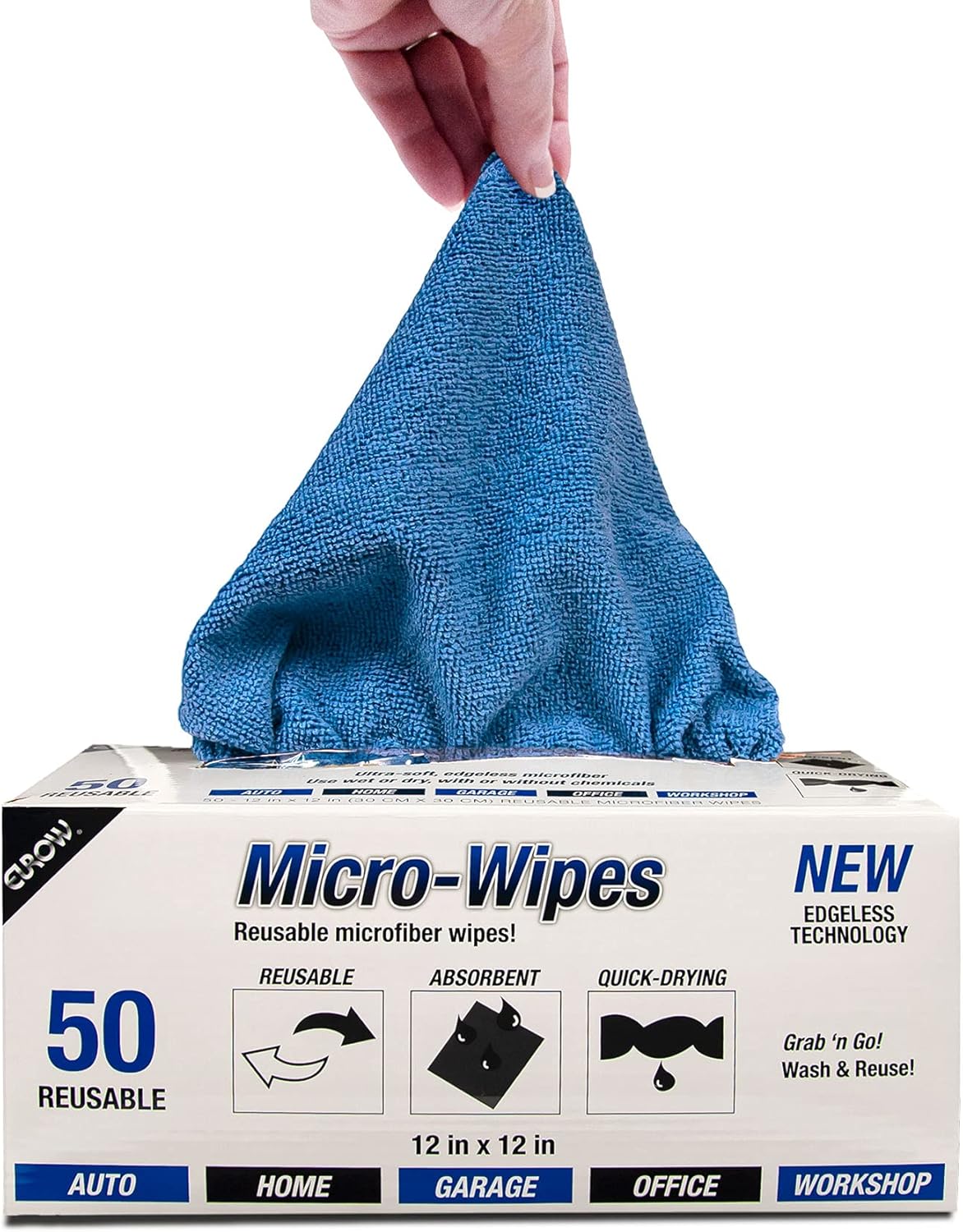 Eurow 200GSM Microfiber Cleaning and Drying Cloths with Dispenser Box, Reusable, Streak-Free, Scratch-Free, Ultra Absorbent, Edgeless for All Surface Types, 12x12in, 50-Pack, Blue