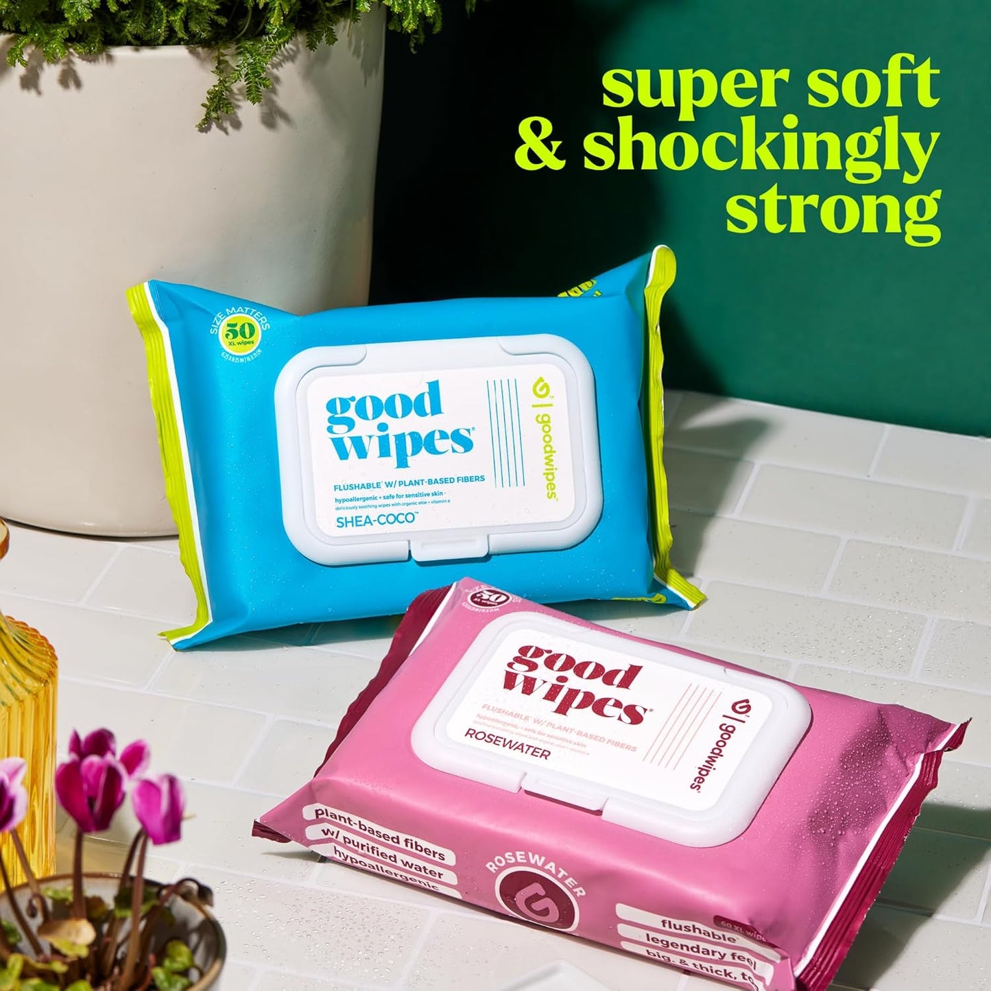 goodwipes Flushable Wipes Travel Size - Extra Large Adult Wet Wipe - On-the-Go Portable Wipes - Sewer & Septic Safe - Hygiene Essentials - Shea Coco & Rosewater, 108 Count (6 Packs)
