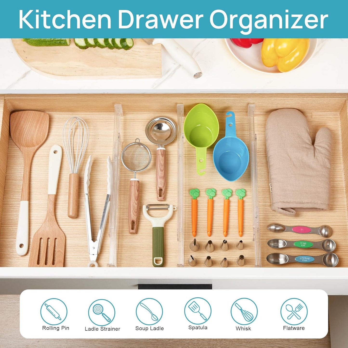 Vtopmart 8 Pack Shallow Drawer Dividers, 2.36" High 12.67"-21.14" Adjustable Expandable Kitchen Drawer Organizer, Clear Plastic Organizer Separators for Flatware, Utensil, Cutlery, Underwear, Clothes