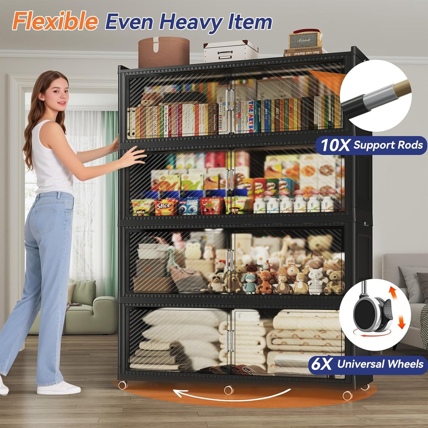 320GAL Extra Large Storage Bins with Lid, 1280QT Collapsible Organizer with Wheels, Stackable Closet Cabinet with Doors, Folding Storage Containers for Home, Office, Dorm, 4Pack Black