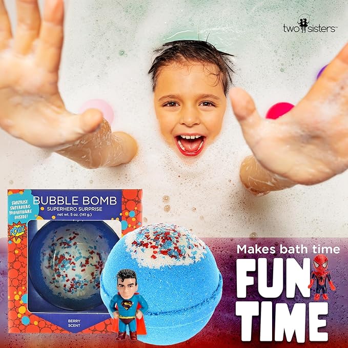 Superhero Bath Bombs for Kids & Boys with Surprise Hero Toys Inside (1 Pack) - Large Bubble Bomb for Boys & Girls - Gift for Children & Boo Basket Stuffer for Boys - USA Made by Two Sisters
