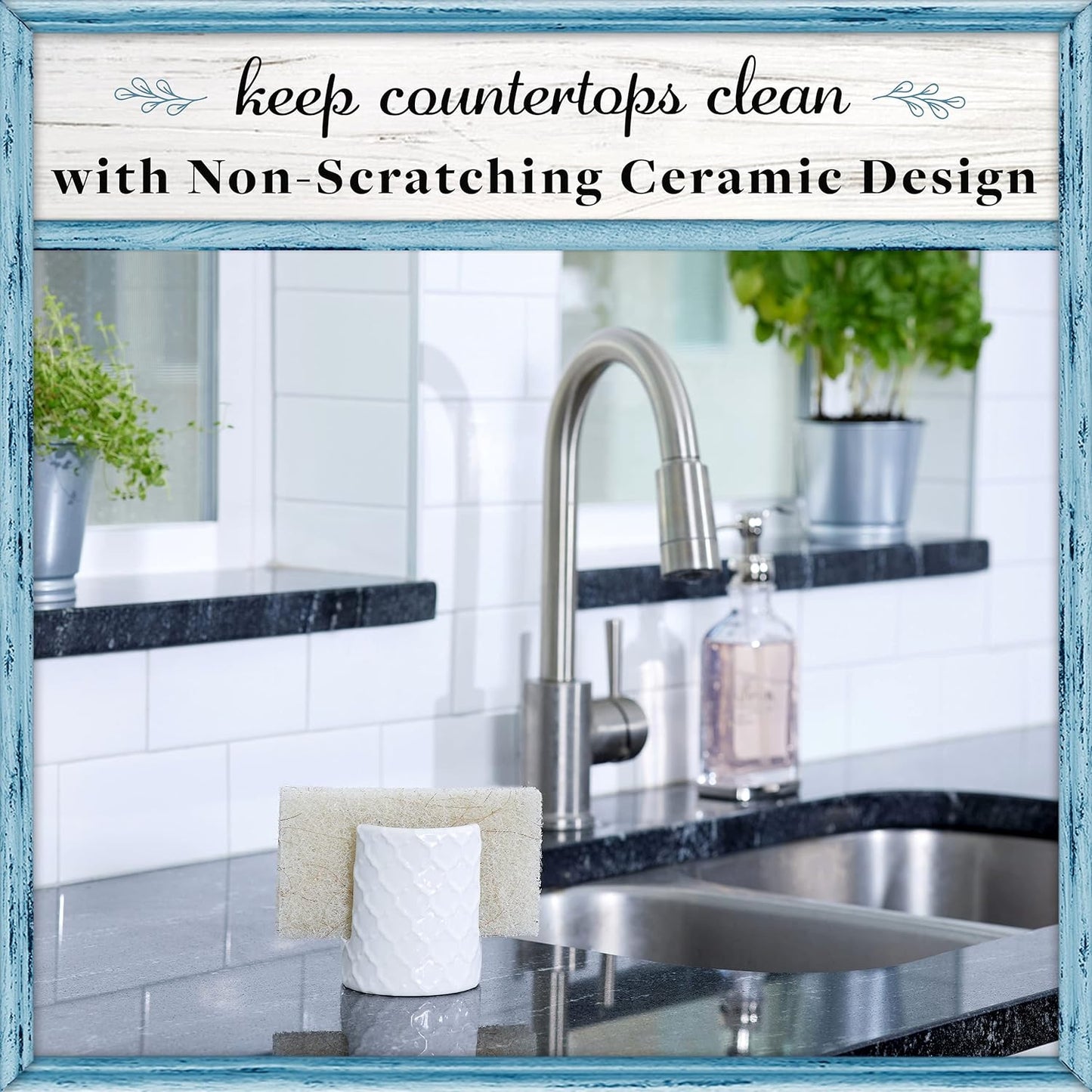 Home Acre Designs Sponge Holder for Kitchen Sink - Rustic Farmhouse Home Kitchen Decor - White Ceramic