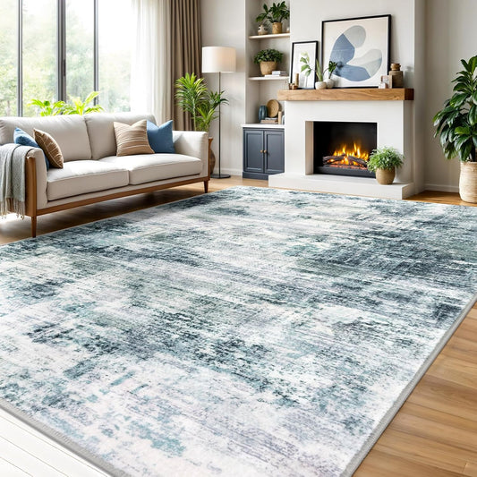 IOHOUZE Abstract Area Rugs 9x12 Ft Washable Large Rugs for Living Room, Non Slip Rubber Backed Dining Room Rug, Printed Faux Wool Rugs for Bedroom, Floor Carpet for Nursery Playroom, Sage Grey