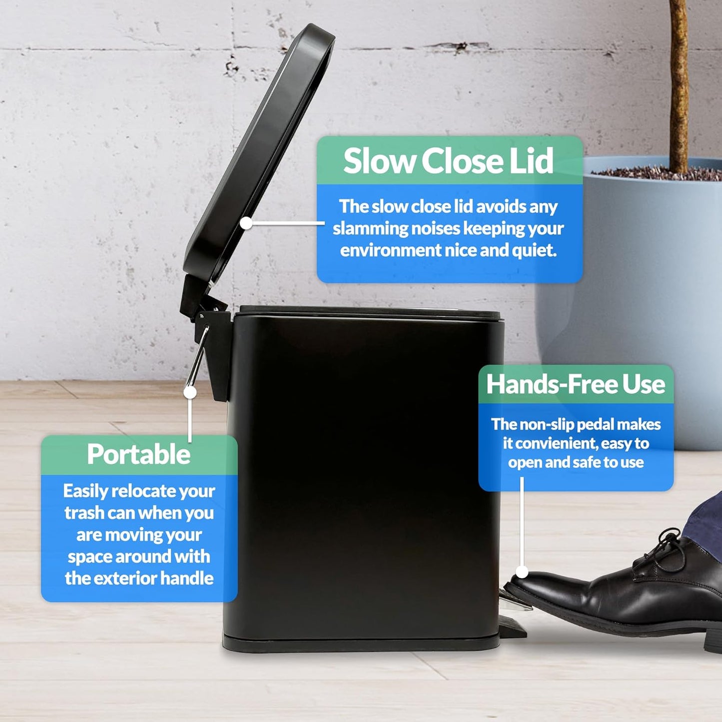 Reli. Small Trash Can with Lid, 1.3 Gallon (5 Liter) | Stainless Steel (Matte Black) | Small Bathroom Trash Can | Step Pedal Garbage Bin with Removable Bucket, Kitchen | Rectangular Metal Bin