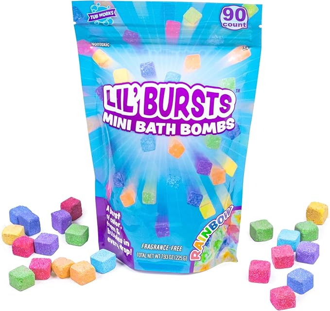 Tub Works® Lil' Bursts™ Mini Bath Bombs for Kids, 90 Count, Rainbow | Nontoxic | Tiny Kids Bath Bombs with A Burst of Color, Foam & Bubbles | Customize Toddler Bath with 7 Colors | Make Bathtub Art