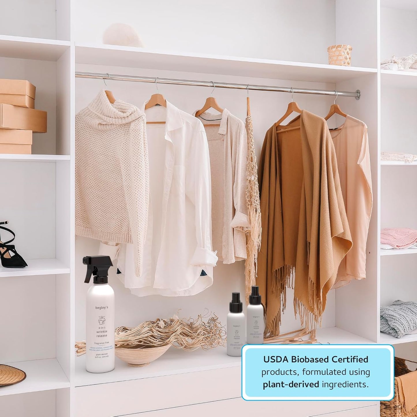 Begley's 3-in-1 Wrinkle Remover, Quick Fix Wrinkle Release, Static Cling Remover, Odor Eliminator and Fabric Refresher Spray - USDA Certified Biobased - Lavender, 16 oz