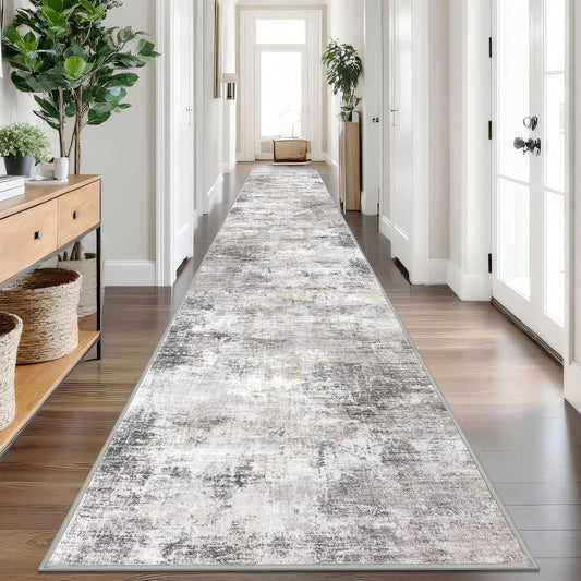 IOHOUZE Abstract Runner Rug 3x18 Ft Washable Runners for Hallways, Non Slip Kitchen Runner Printed Faux Wool Entryway Runner Indoor, Modern Abstract Floor Carpet for Hall Stair, Grey Beige