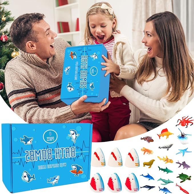 Kids Bath Bombs with Surprise Inside,4 Pack Marine Shark Bath Bomb for with Ocean Sea Animals for Girls Boys Toddlers, Safe Natural & Organic