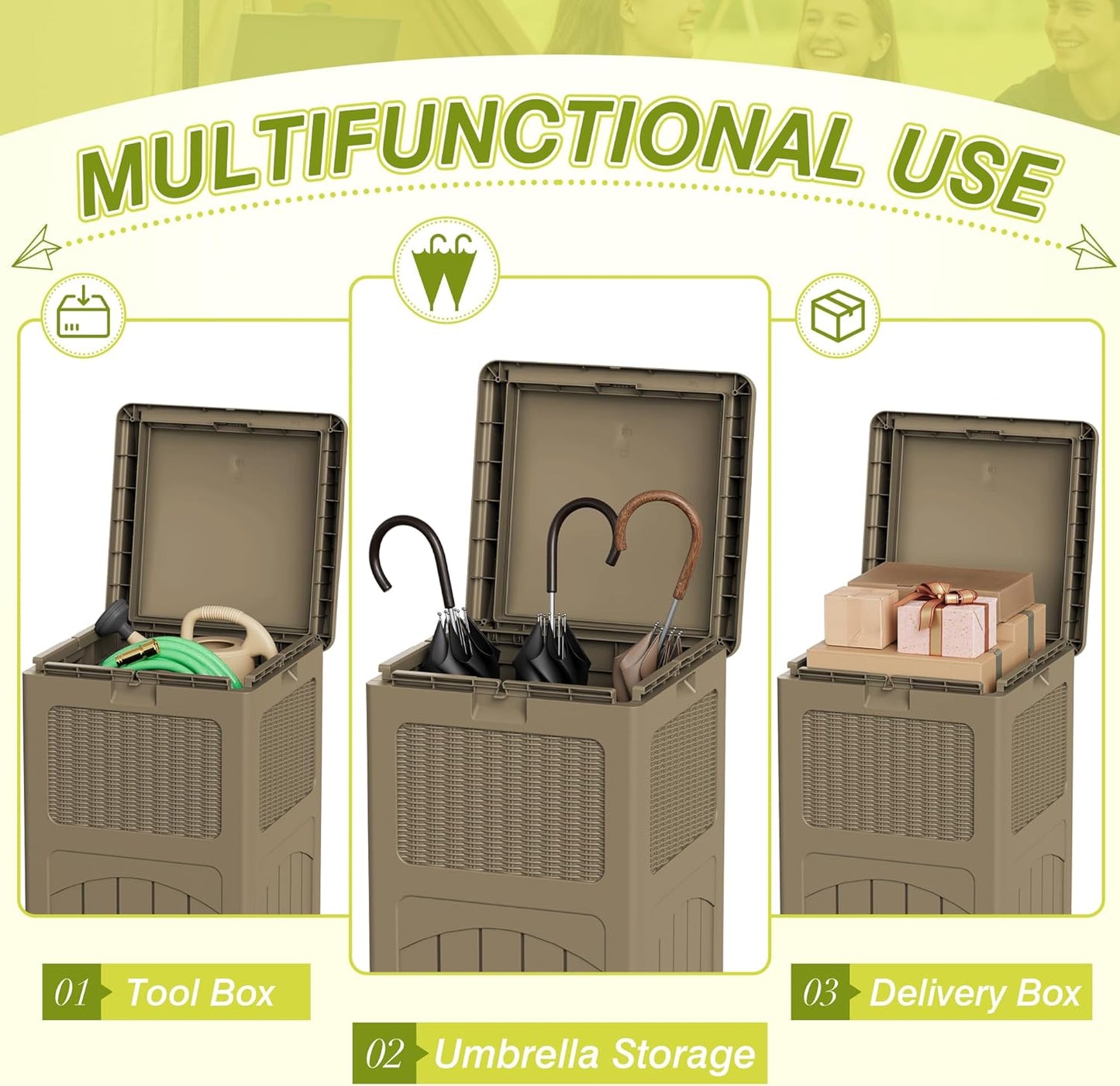 Greesum 33 Gallon Resin Outdoor Trash Can with Lid, Waterproof Resin Garbage Bin for Hideaway, Patio, Deck, Light Brown