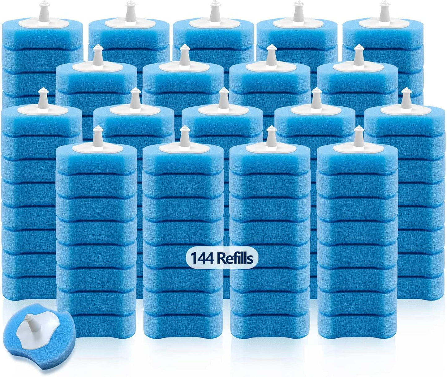 144 Count Toilet Brush Refills for Most Wands, Toliet Wand Refills-Blue Disposable Sponge Refill Heads Prefilled Cleaning Fluid for Bathroom Toilet Cleaning.