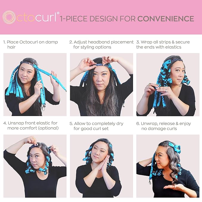 Octocurl Satin Hair Curlers - Heatless Curls Overnight - Headband Curlers for Medium Length Hair (Satin - Pink)
