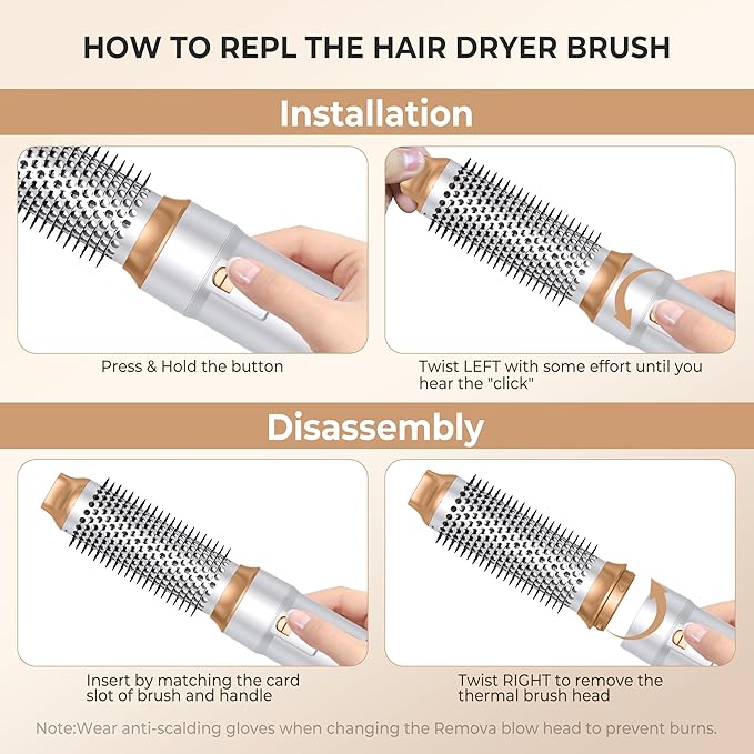 6 in ONE Blow Dryer Brush,Air Curling Iron Round Brush Blow Dryer 800W,Ionic Hair Dryer Brush for Women, Hot Air Brush Hair Styling Tools 100-120V (White Gold)