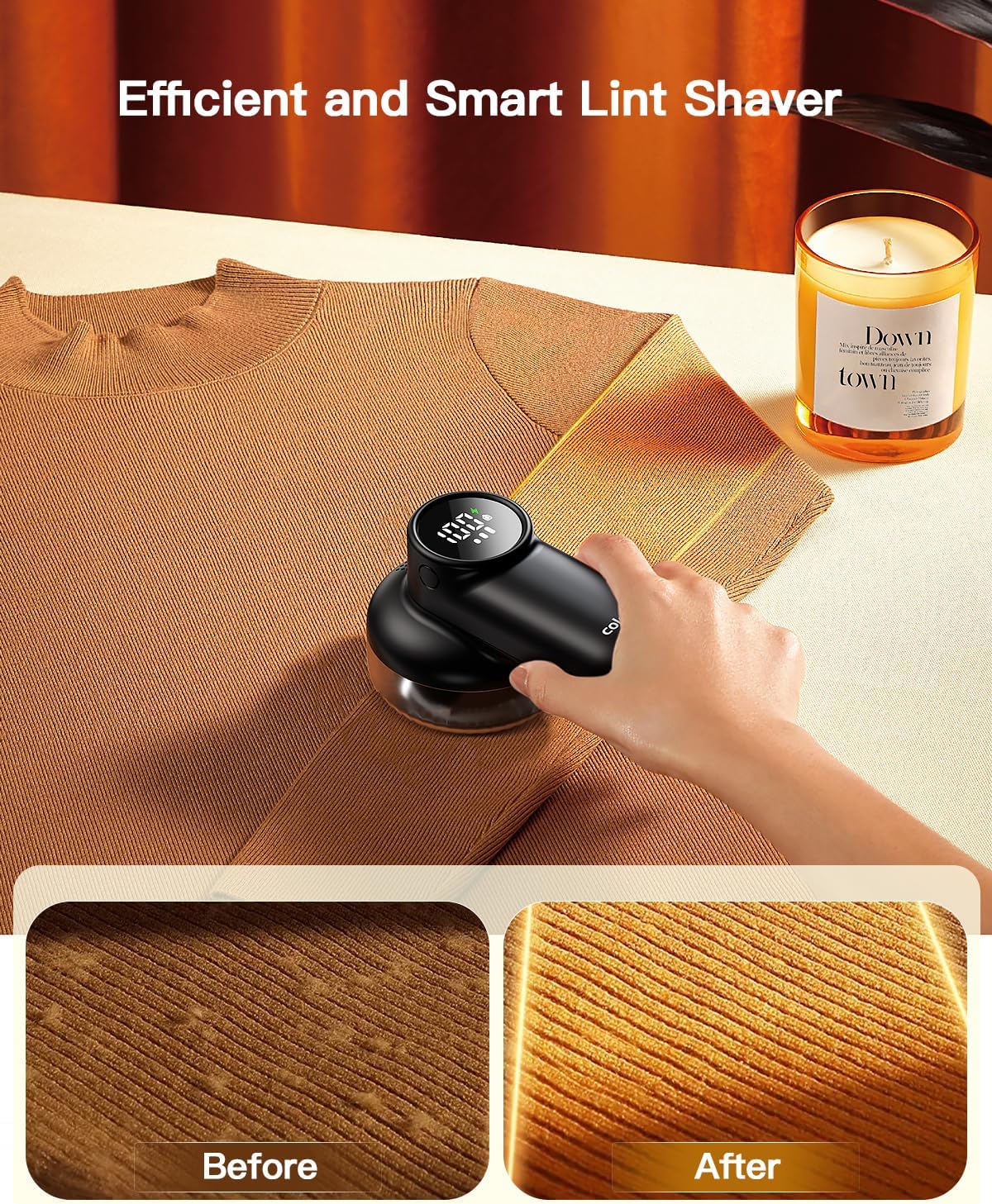 coldSky Rechargeable Fabric Shaver, Lint Shaver with Digital Display, Sweater Shaver with 6-Leaf Blades and Safety Lock, 3-Speeds Defuzzer Remove Fuzz, Pills from Clothes, Furniture, Sofa, Blanket