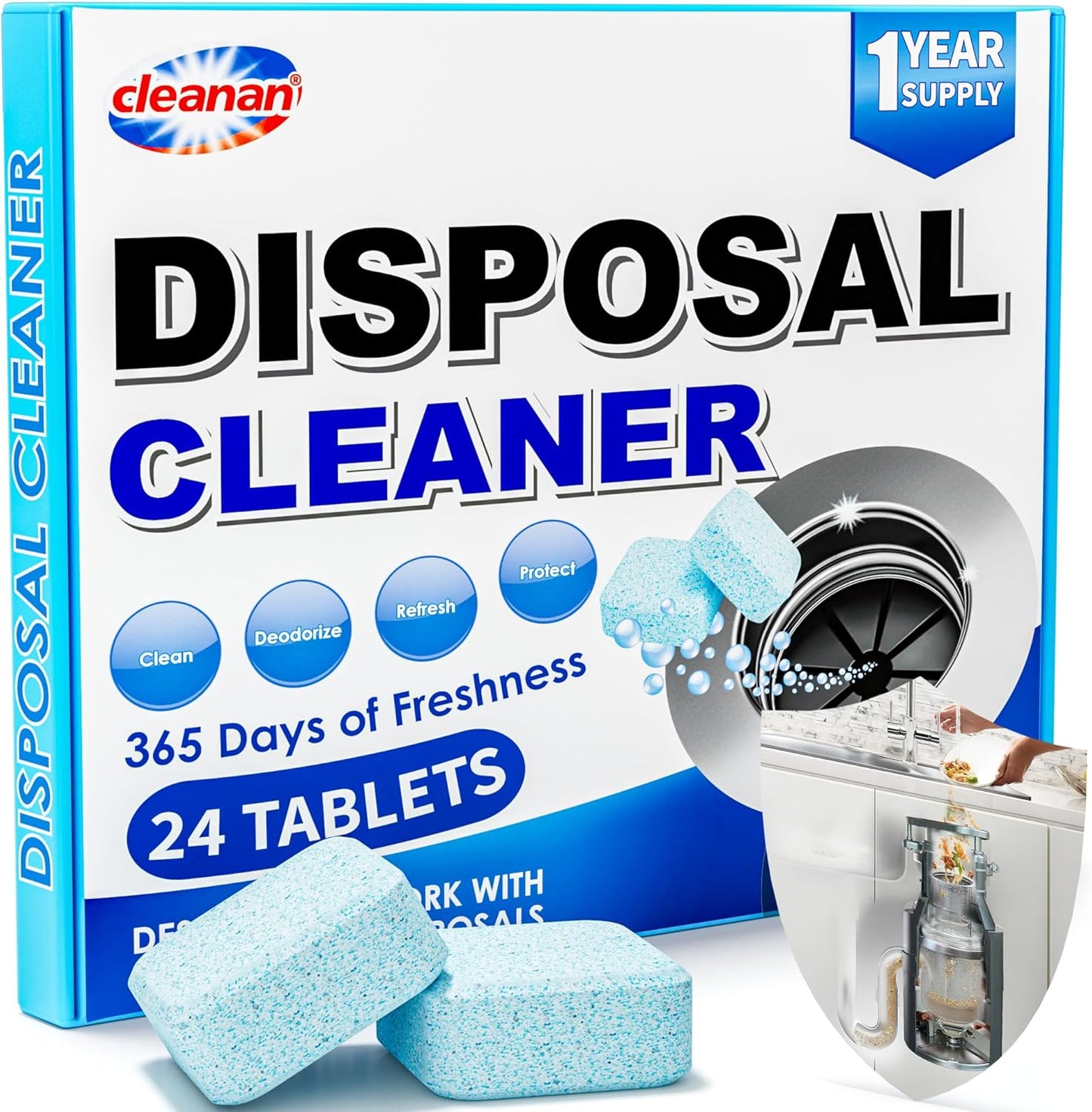 Foaming Garbage Disposal Cleaner and Deodorizer Tablets-24 Pack Food Disposal Cleaner, Quickly Eliminates Odors, XL Powerful Foaming Action, Refreshing Lemon Scent, Natural Ingredients, 1 Year Supply