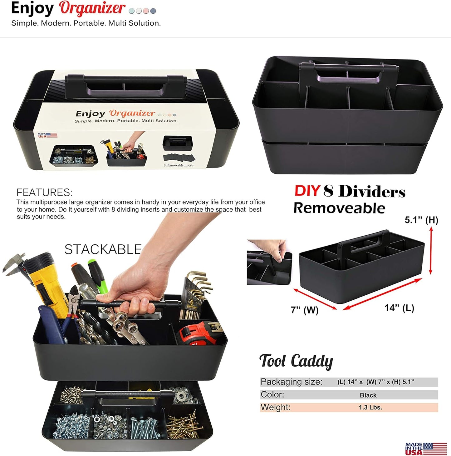 2 PACK - Portable DIY 8 Dividers Durable Plastic Tote Tool & Supply Cleaning Caddy with Handle Made In USA (Black)