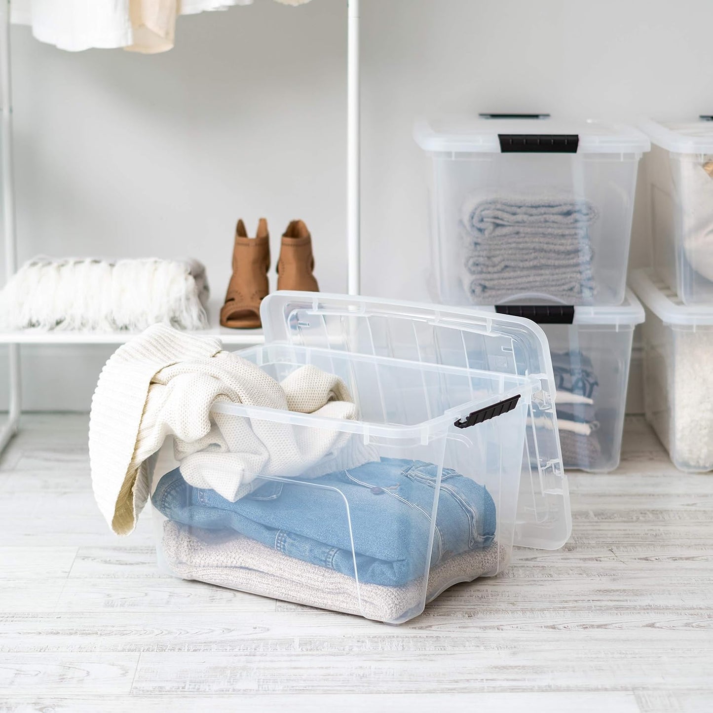 IRIS USA 40 Qt Stackable Plastic Storage Bins with Lids, 4 Pack - BPA-Free, Made in USA - See-Through Organizing Solution, Latches, Durable Nestable Containers, Secure Pull Handle - Clear